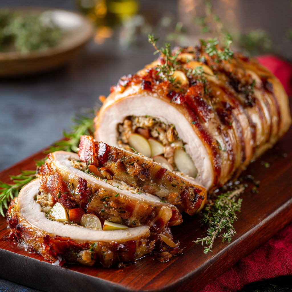 A stuffed pork loin with bacon and apples.