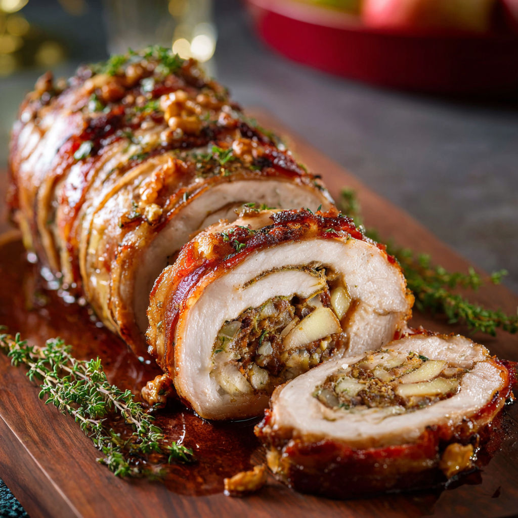 A delicious looking pork loin with bacon and apples.