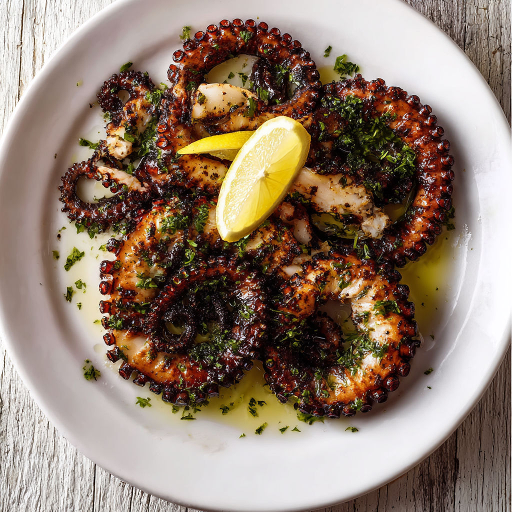 A plate of grilled octopus with lemon and herbs.
