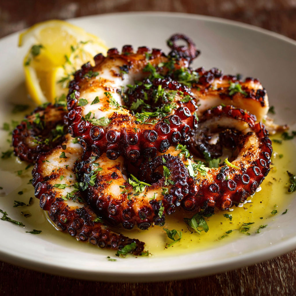 Grilled octopus with lemon and herbs.