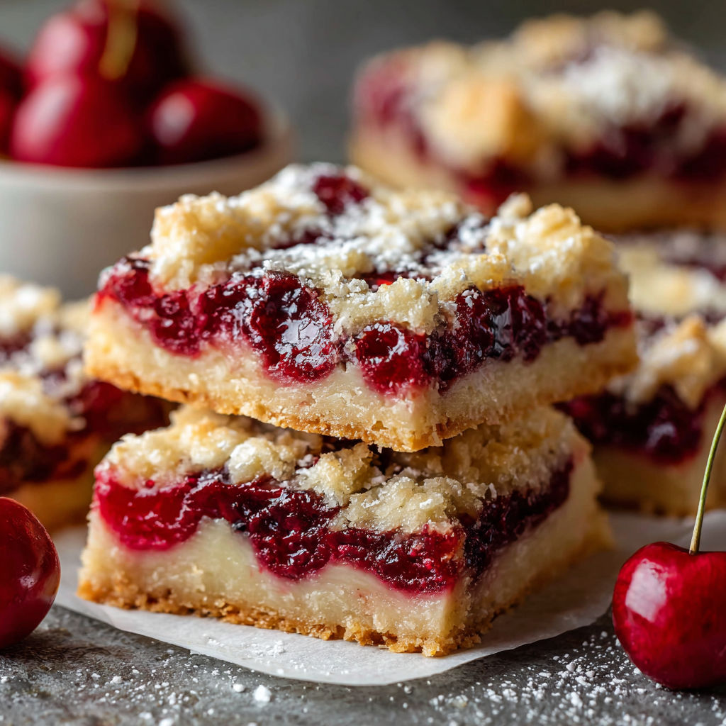 A stack of desserts with cherries on top.