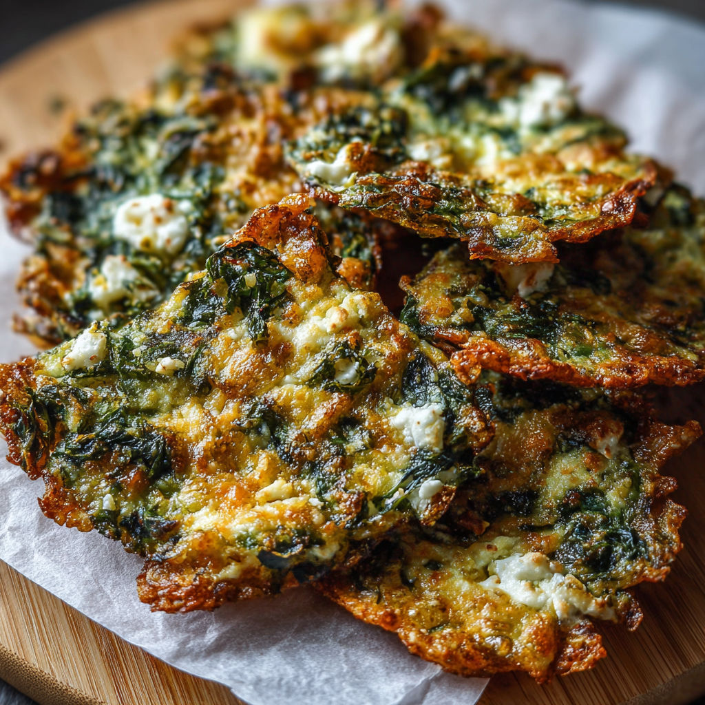 A plate of crisps with spinach and feta cheese.