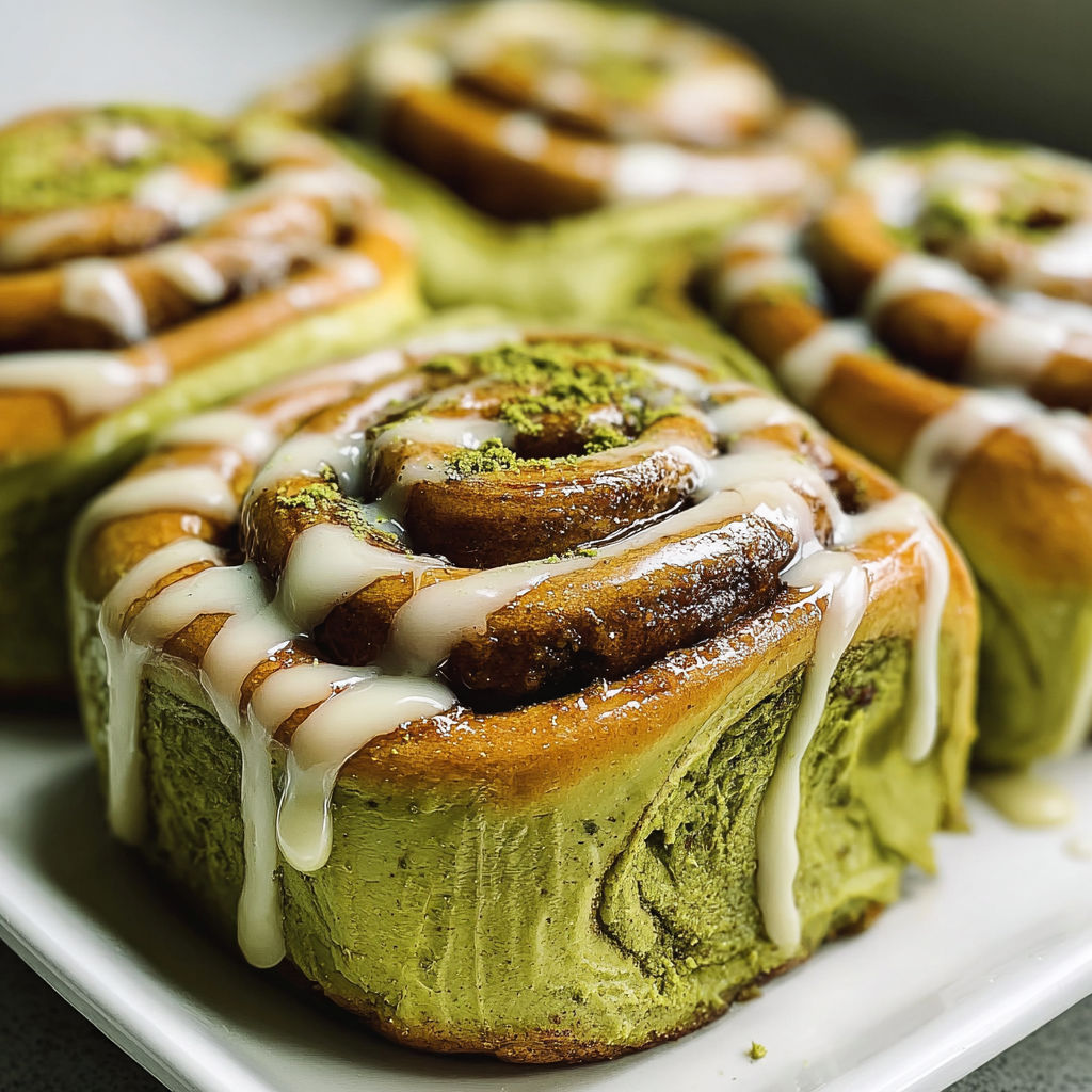 A plate of cinnamon rolls with green topping.
