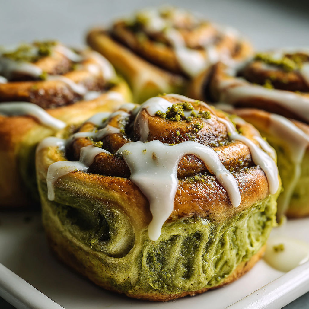 A plate of cinnamon rolls with white icing and green toppings.