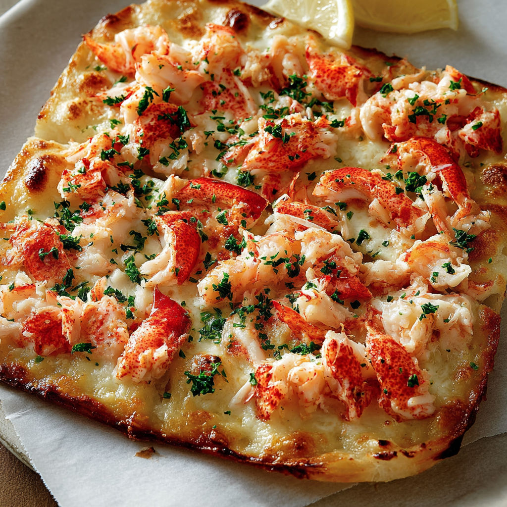A slice of lobster roll pizza.