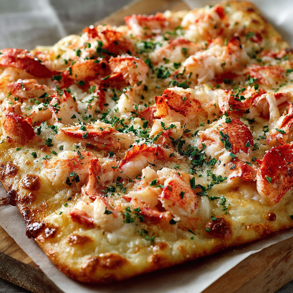 A pizza with lobster and cheese on top.
