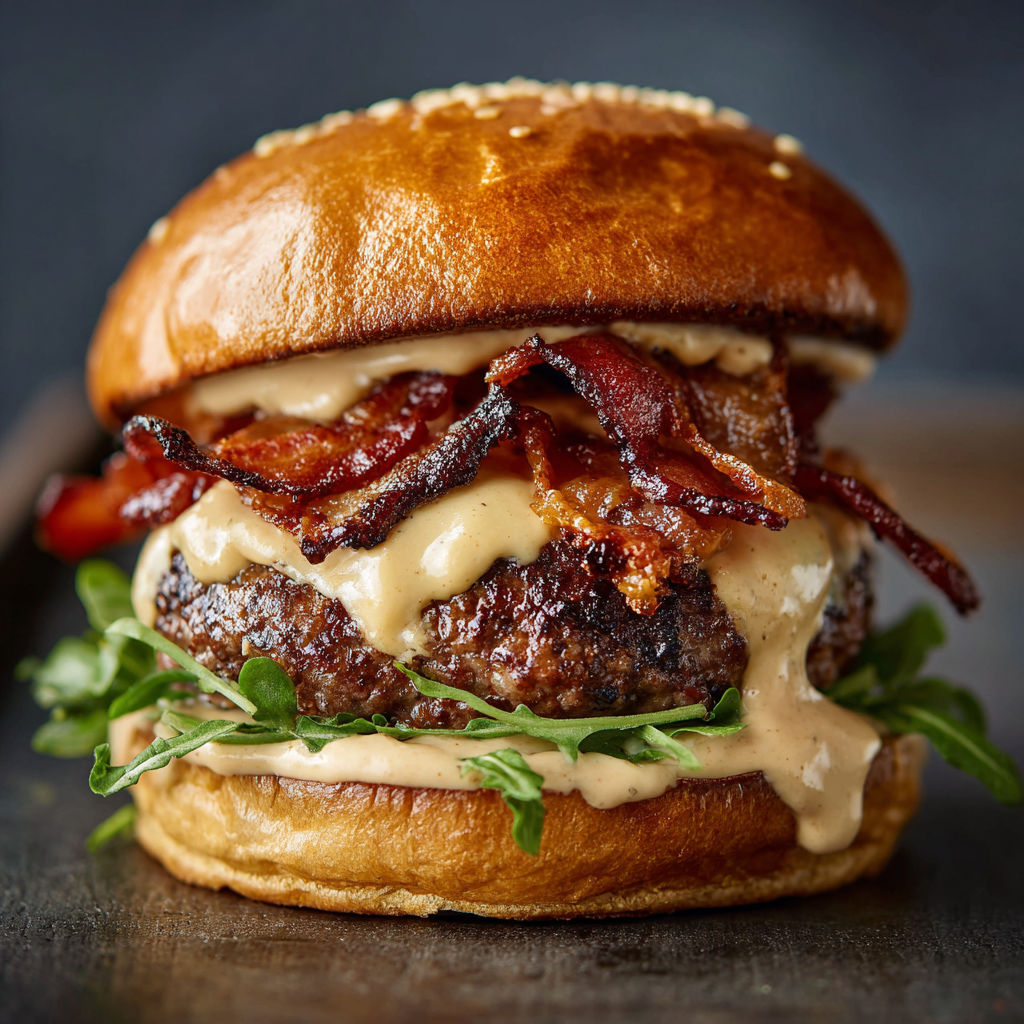 A burger with bacon and cheese on a bun.