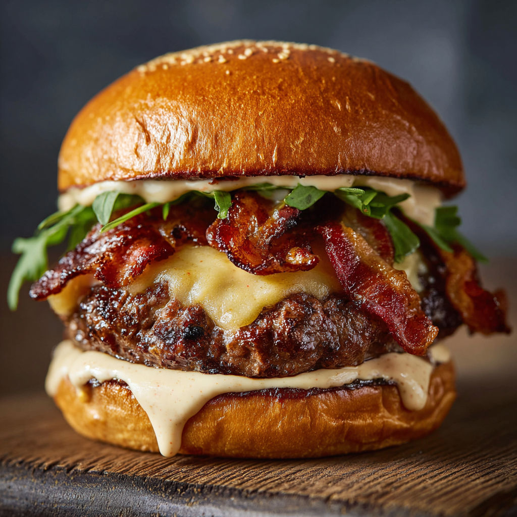 A burger with bacon and lettuce.