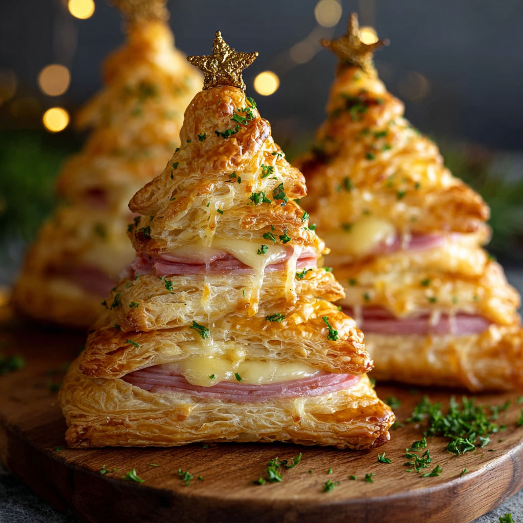 Three pastry trees with ham and cheese puffs on top.