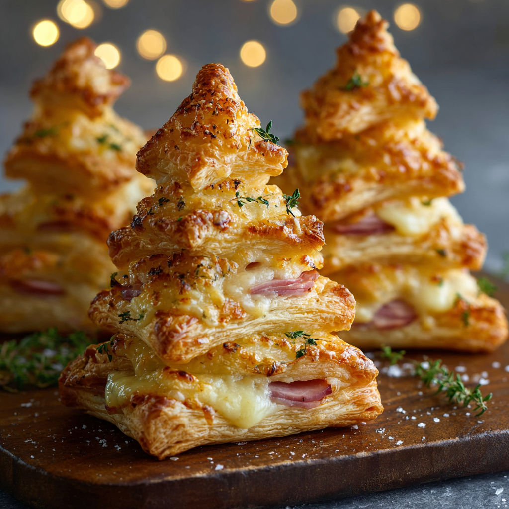 Three stacks of ham and cheese puff pastry.