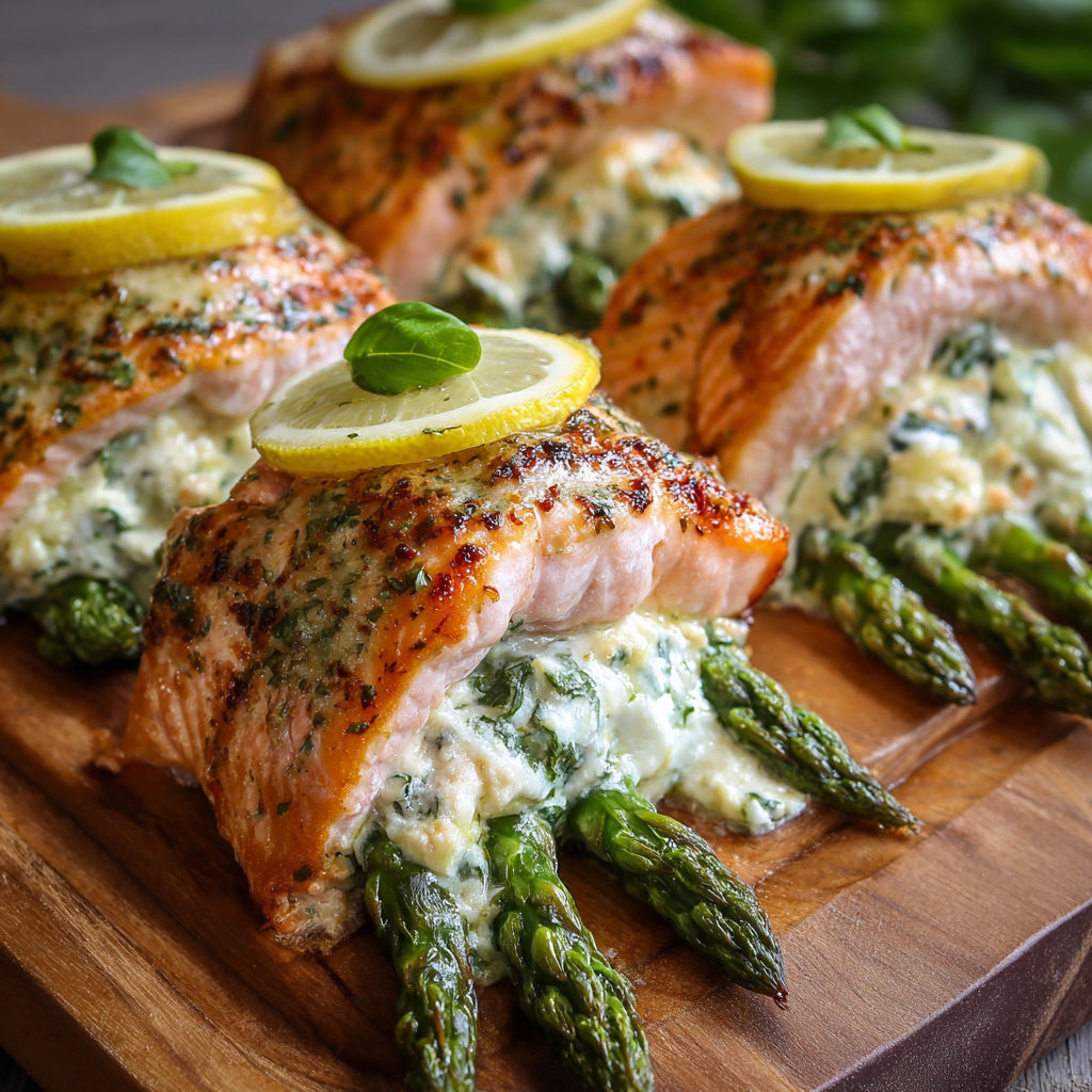 A plate of food with salmon and asparagus.