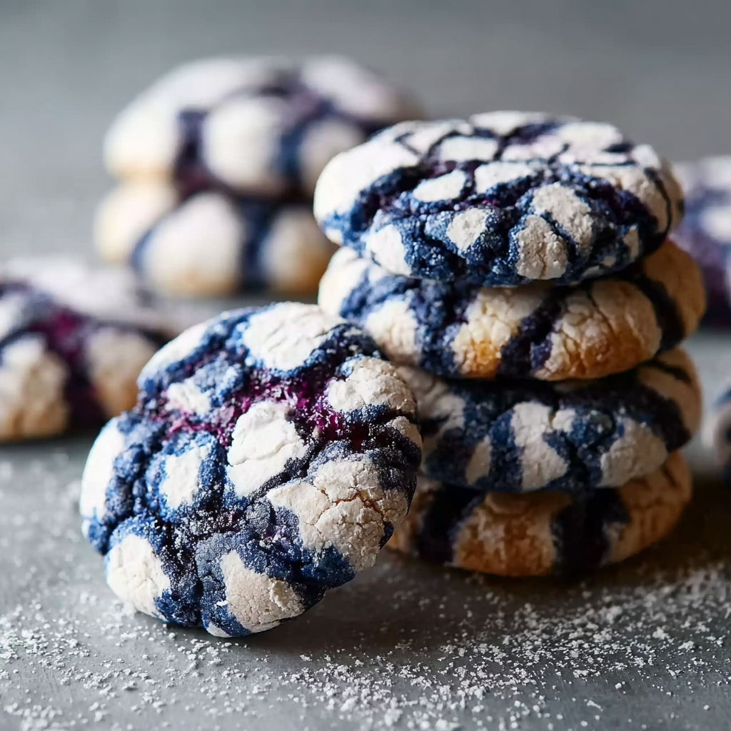 A stack of blueberry crinkle cookies.