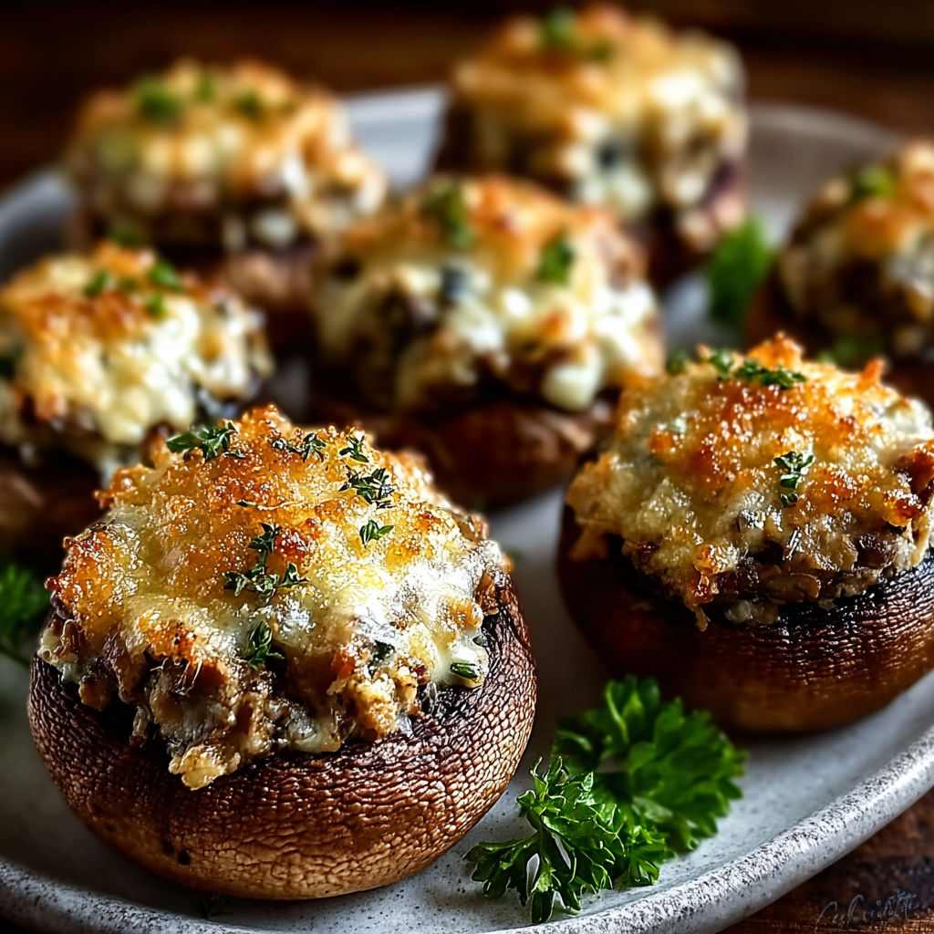 A plate of stuffed mushrooms with cheese and herbs.