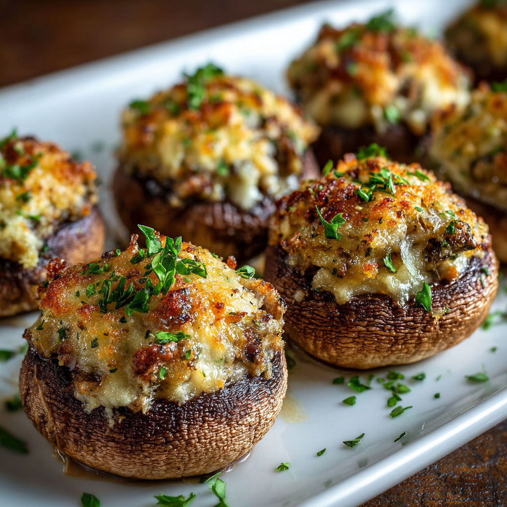 A plate of stuffed mushrooms with cheese and herbs.