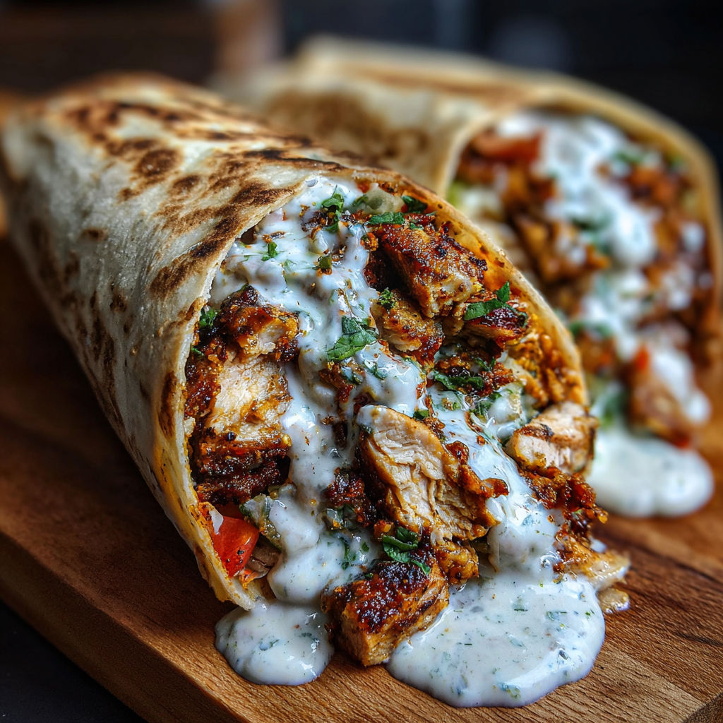 A chicken burrito with white sauce.