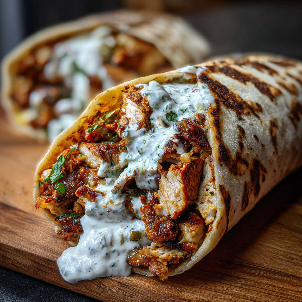A chicken wrap with white sauce.