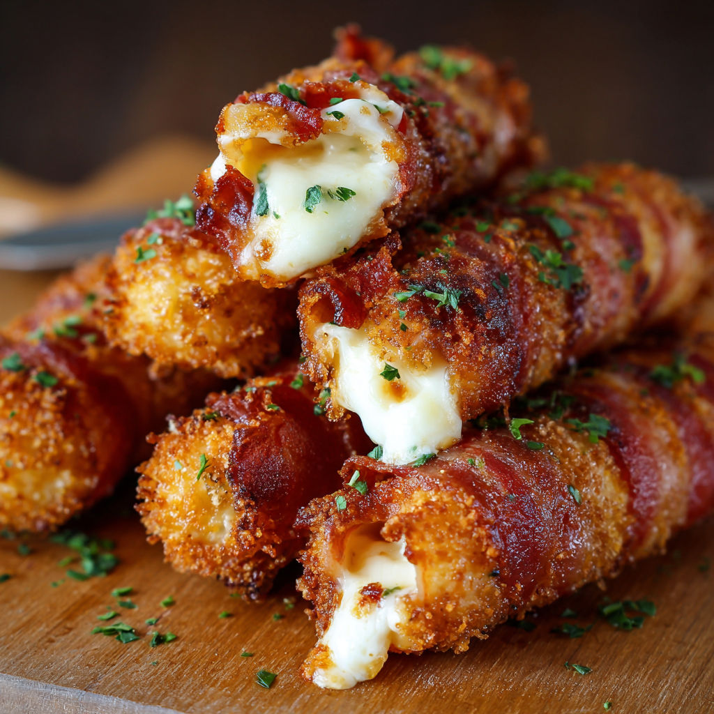 A stack of bacon wrapped mozzarella sticks.