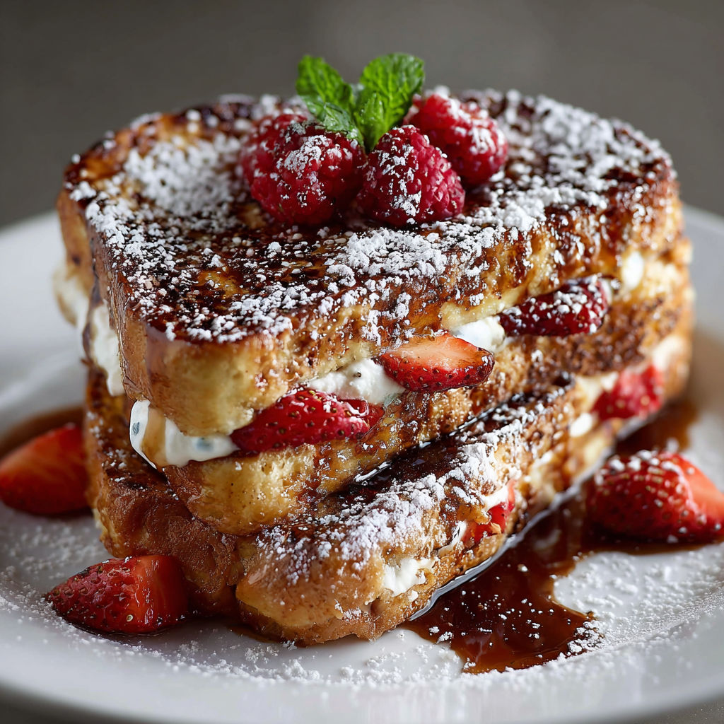 A plate of French toast with strawberries and whipped cream.