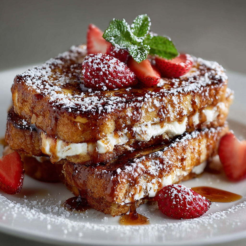 A plate of French toast with strawberries on top.