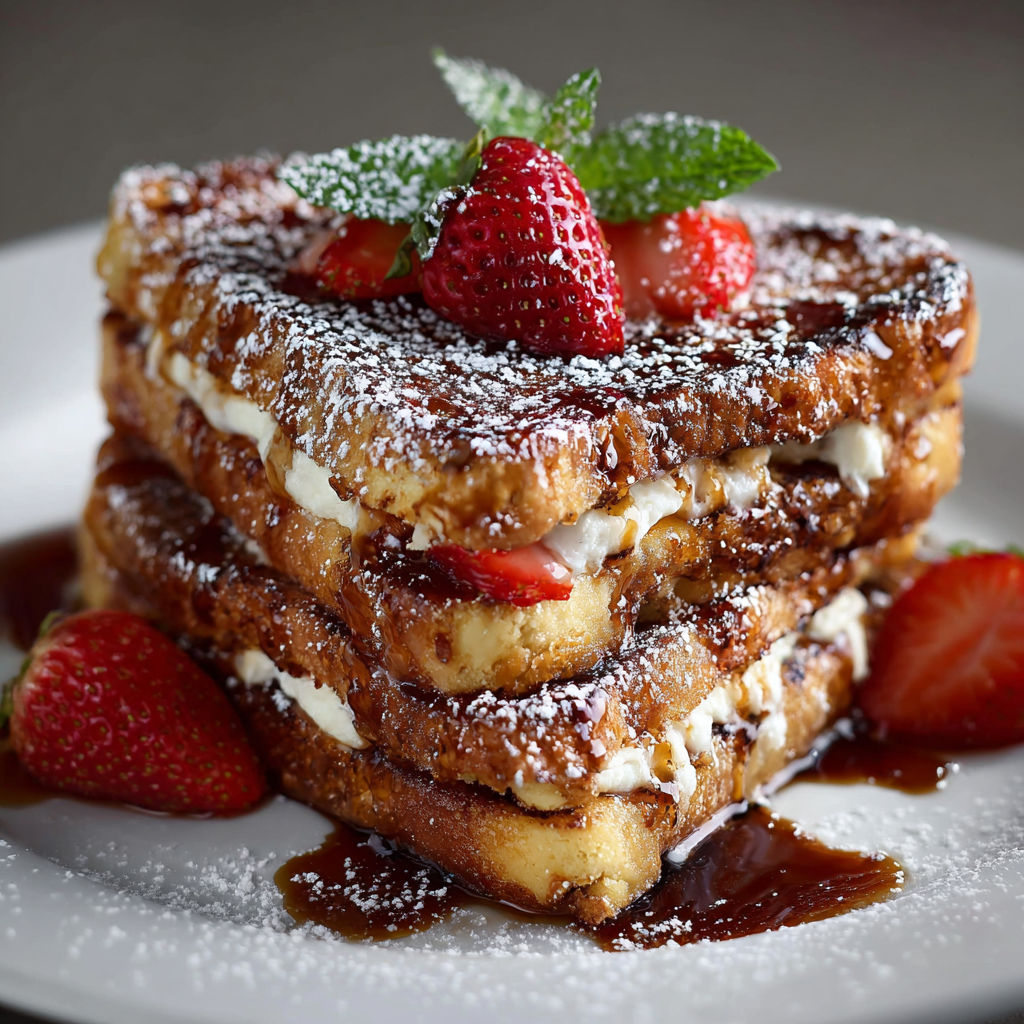 A stack of French toast with strawberries on top.