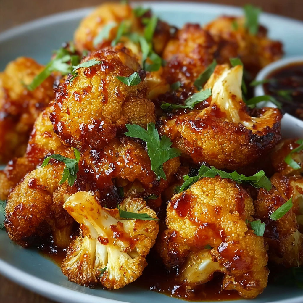 A plate of cauliflower with a sauce on it.