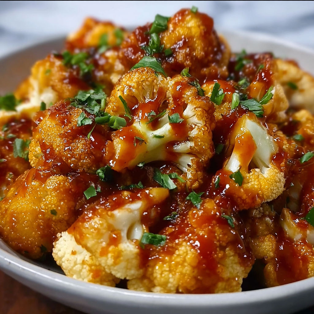 A bowl of cauliflower with a brown sauce.