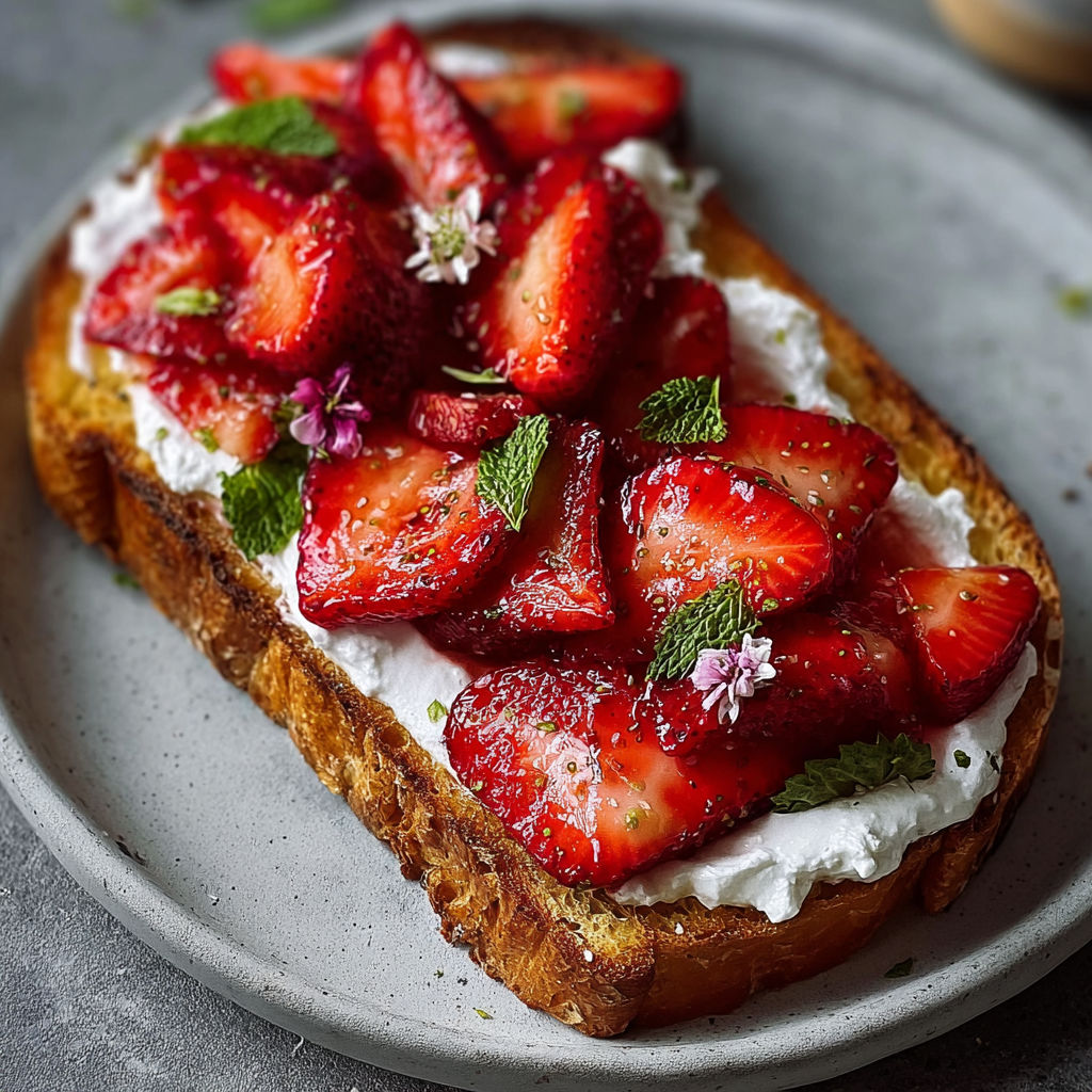 A slice of toast with strawberries and whipped ricotta.