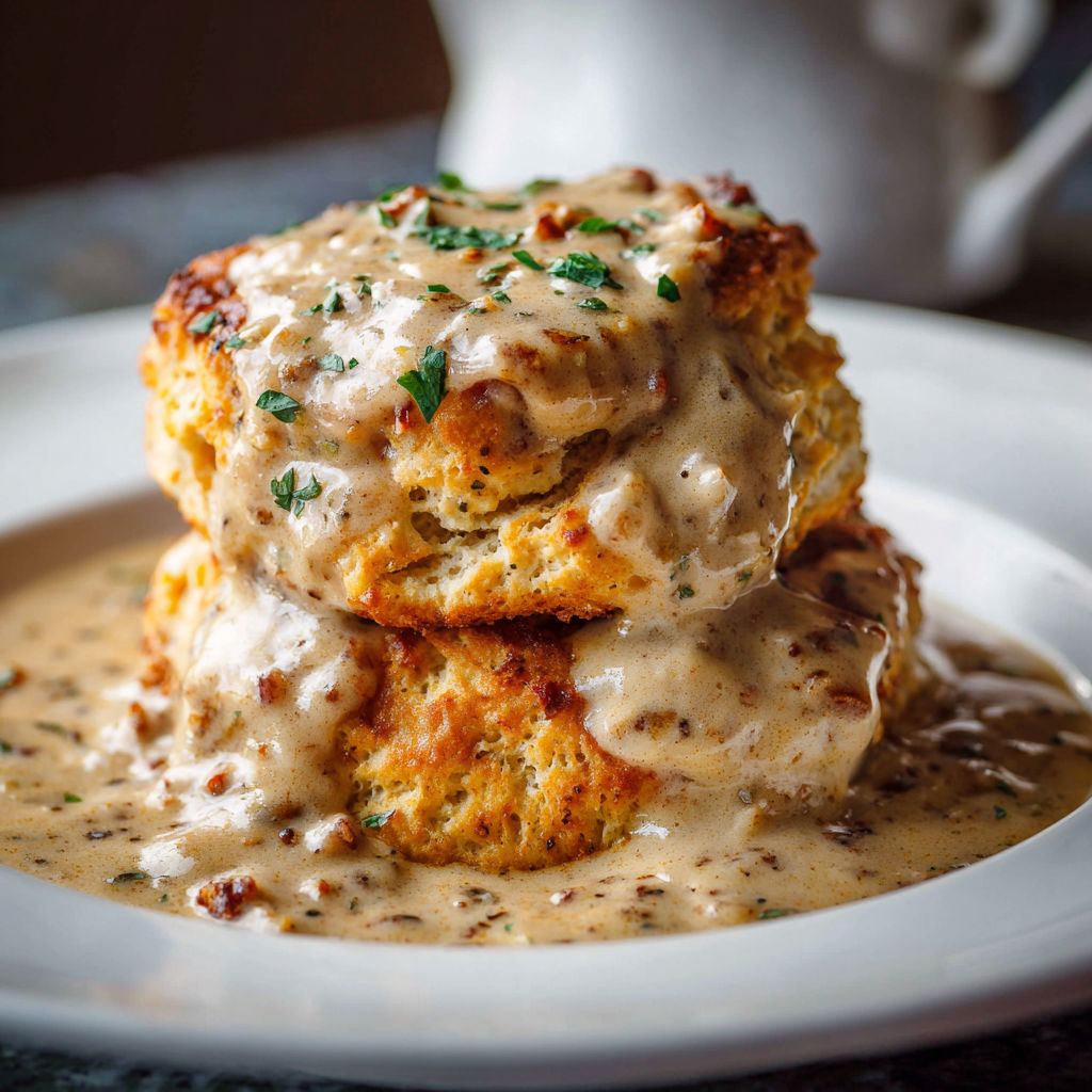 A stack of biscuits covered in gravy.