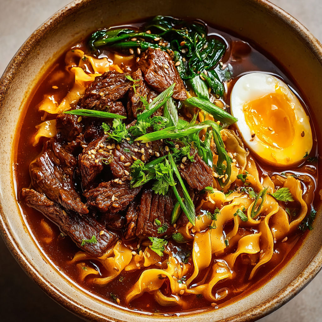 A bowl of beef noodles with vegetables.