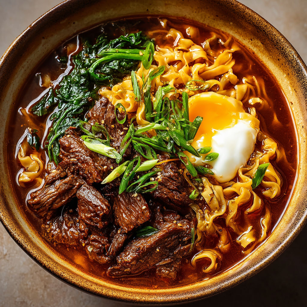 A bowl of noodles with meat and vegetables.