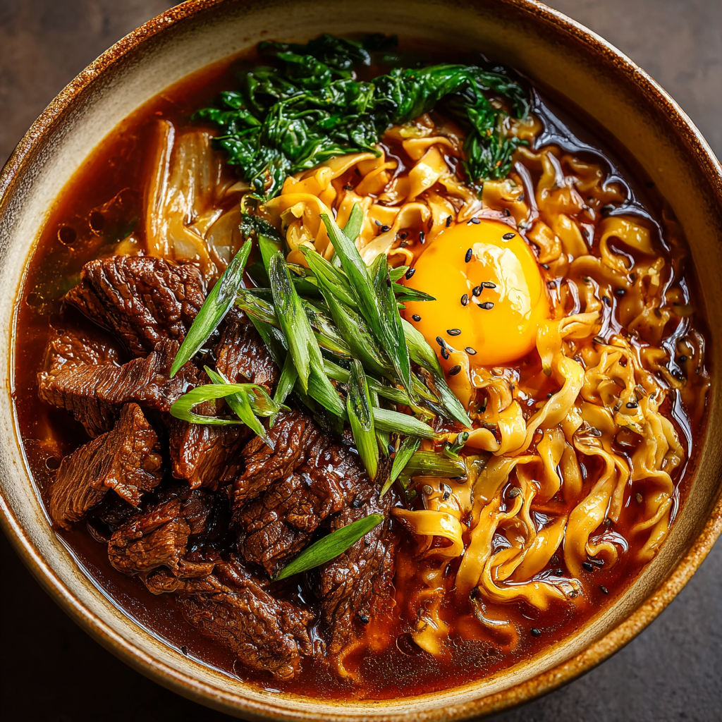 A bowl of noodles with meat and vegetables.