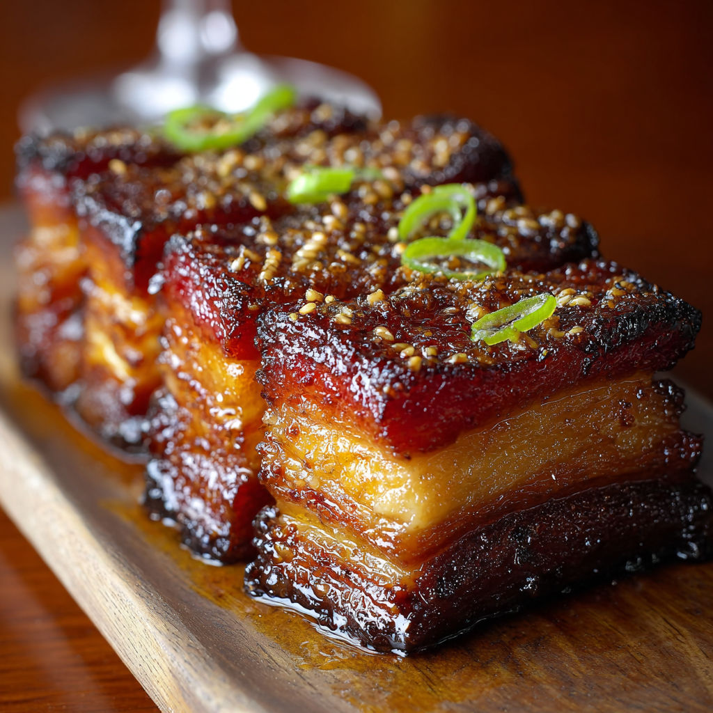 A plate of caramelized honey glazed pork belly.
