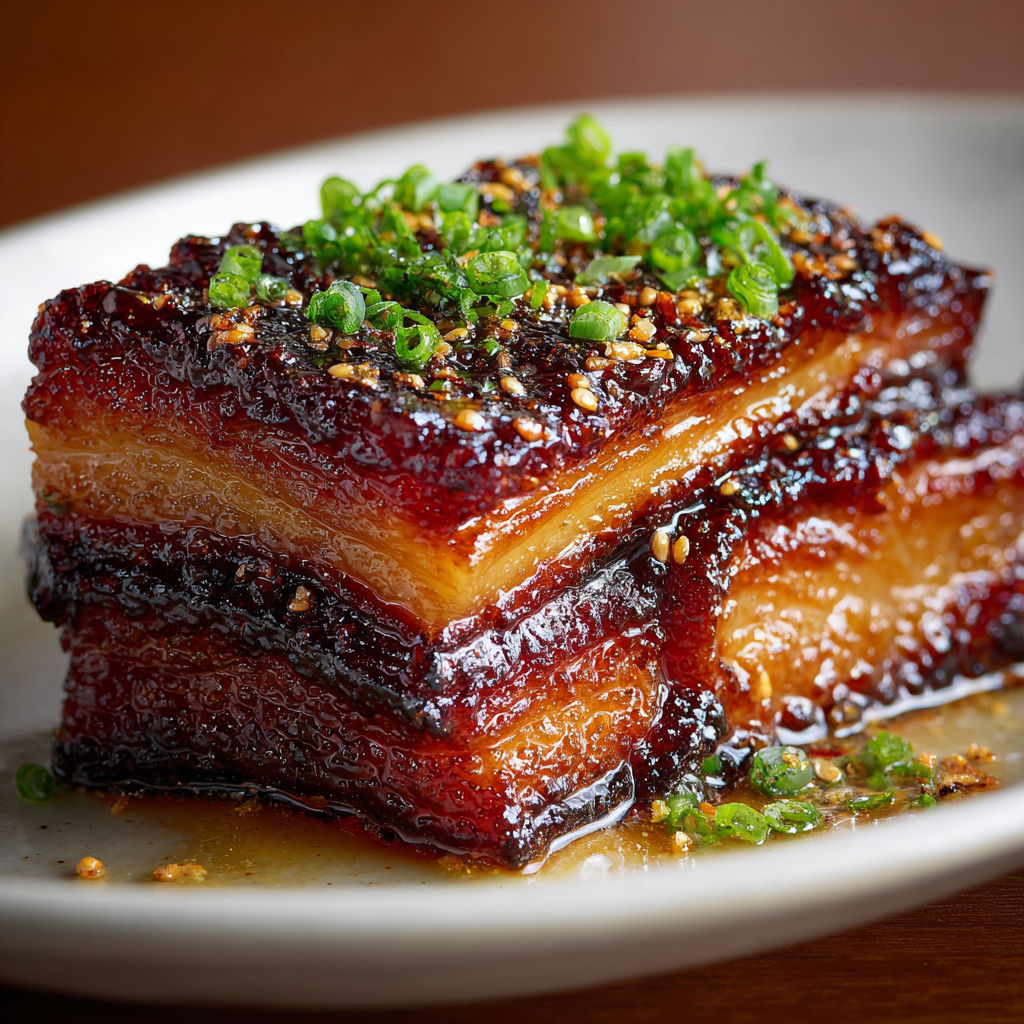 A plate of caramelized honey glazed pork belly.