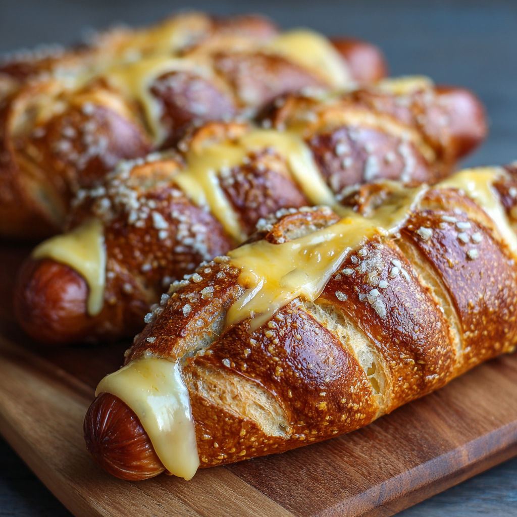 Two hot dogs with cheese and onions on a wooden cutting board.