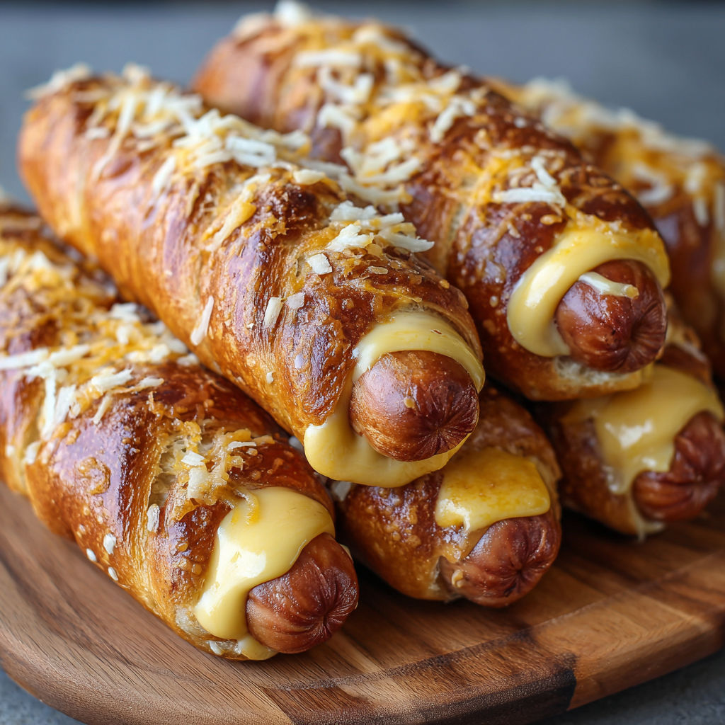 A plate of hot dogs with cheese on top.