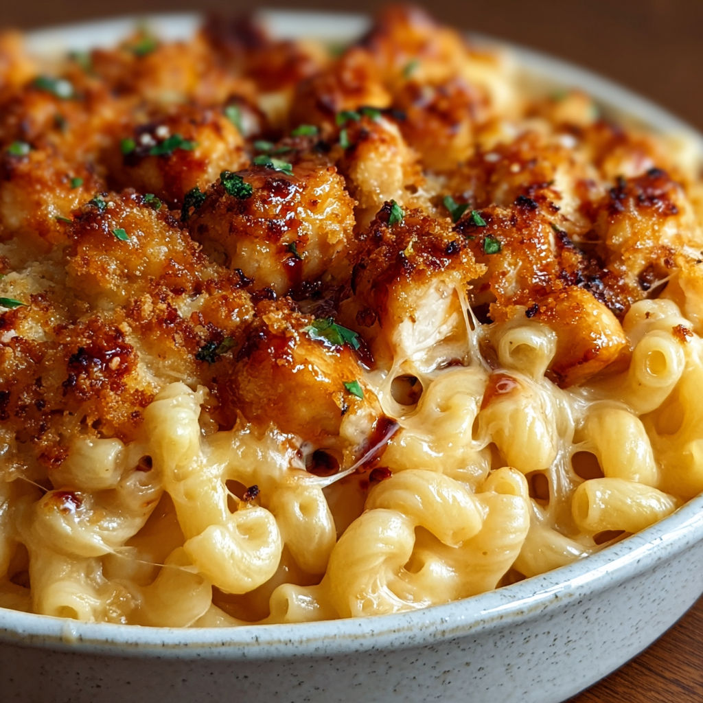 A bowl of Honey Pepper Chicken Mac and Cheese.