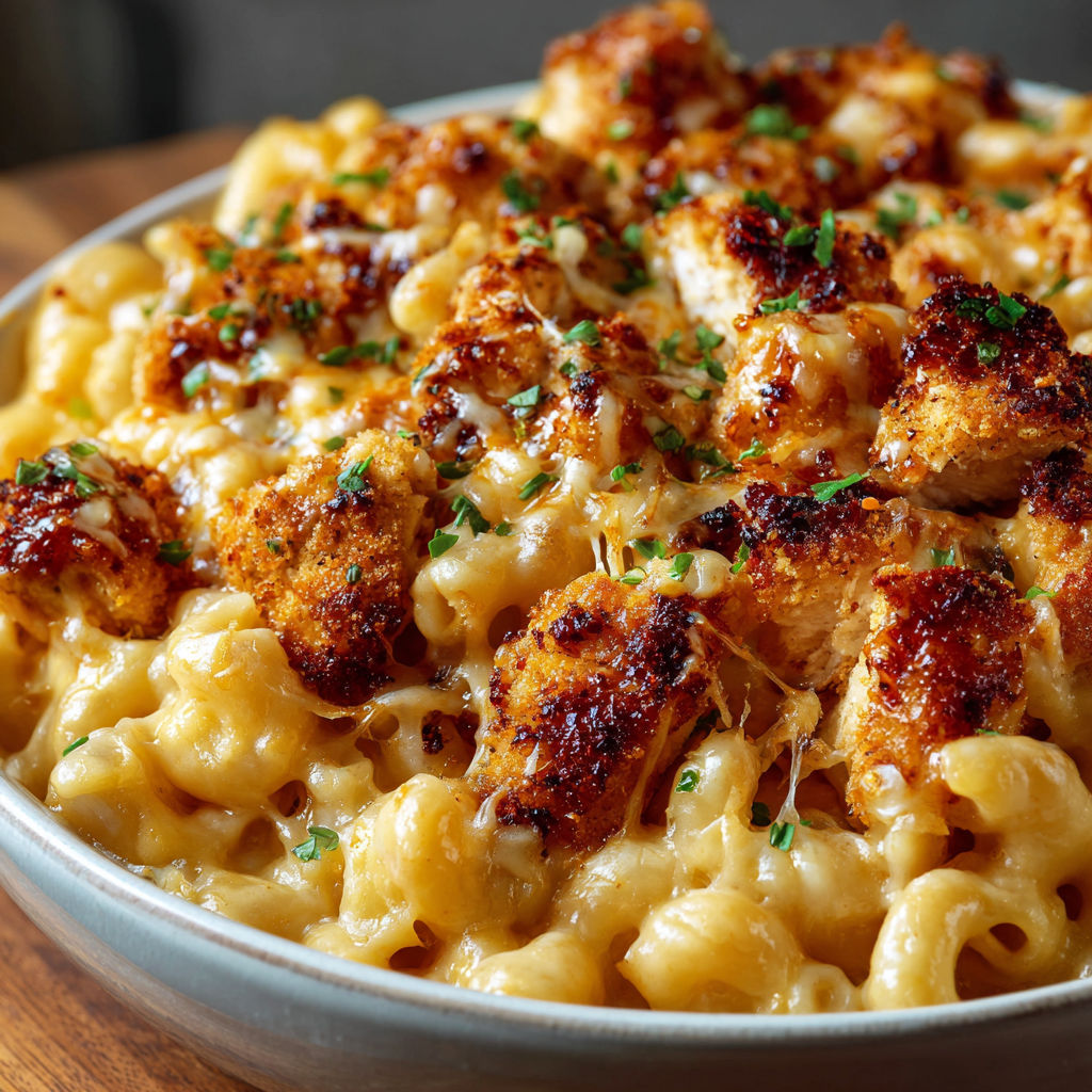 A plate of food with chicken and macaroni.