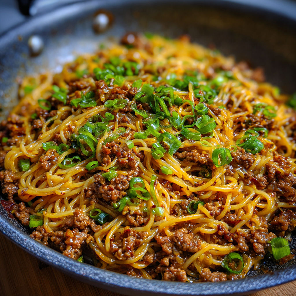 A pan of food with noodles and meat.