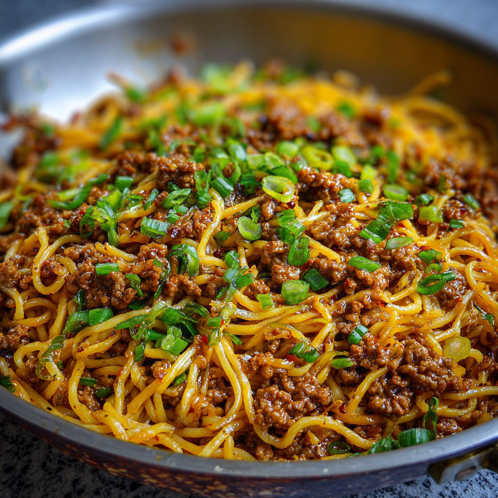 A bowl of noodles with meat and vegetables.