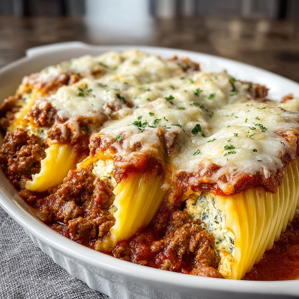 A dish of manicotti with meat sauce and cheese.
