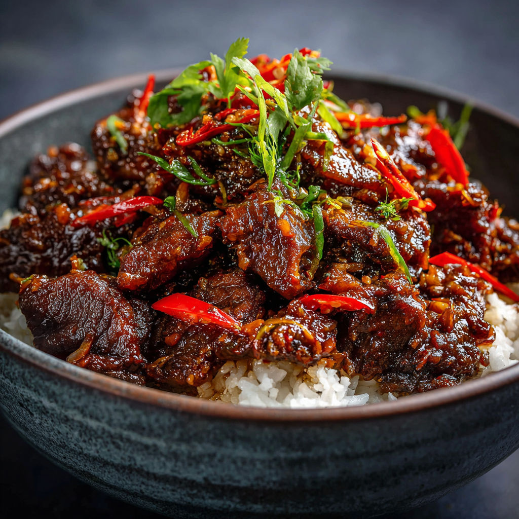 A bowl of food with rice and meat.