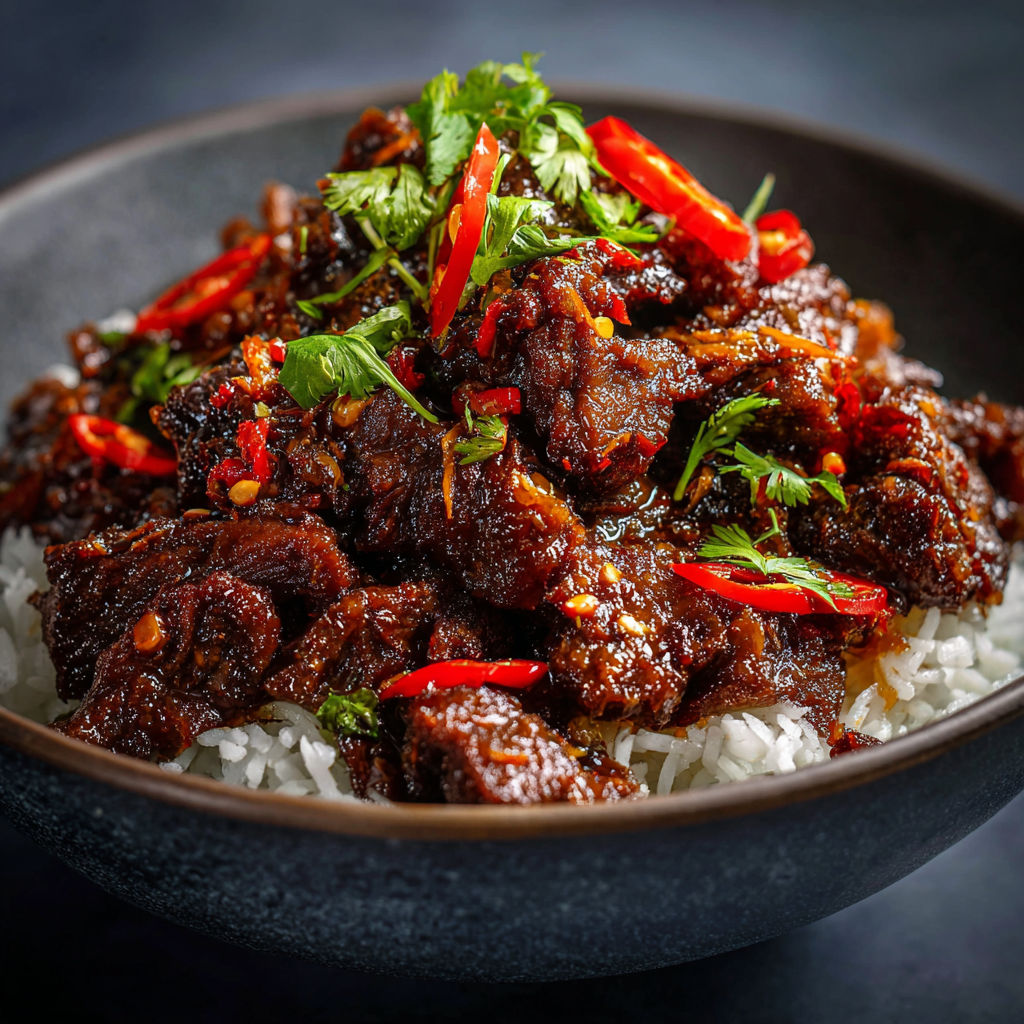 A bowl of meat with peppers and onions.