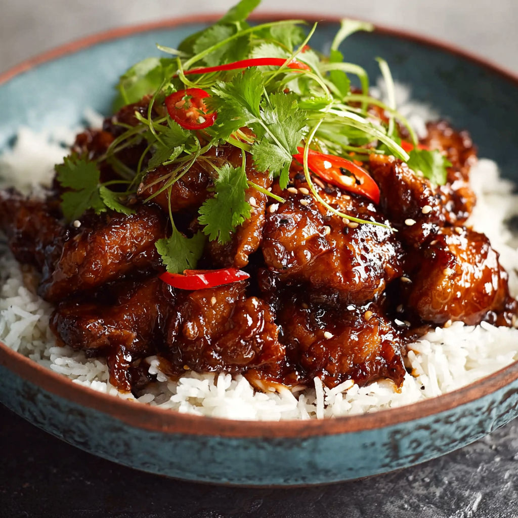 A bowl of savory Vietnamese caramel ginger chicken.