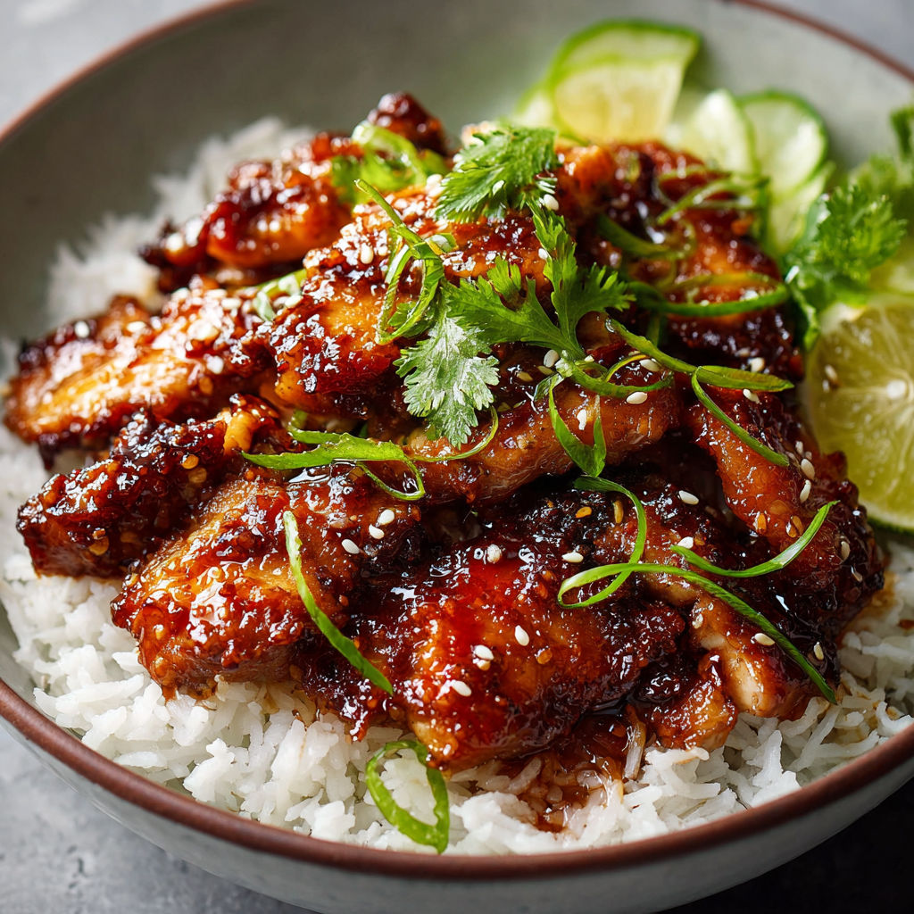 A bowl of chicken with rice and ginger.