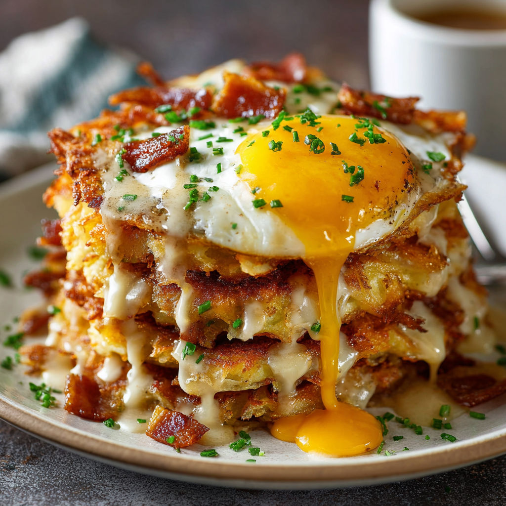 A stack of hash browns with a fried egg on top.