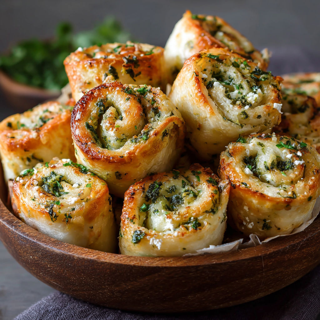 A bowl of spinach feta mini rolls.