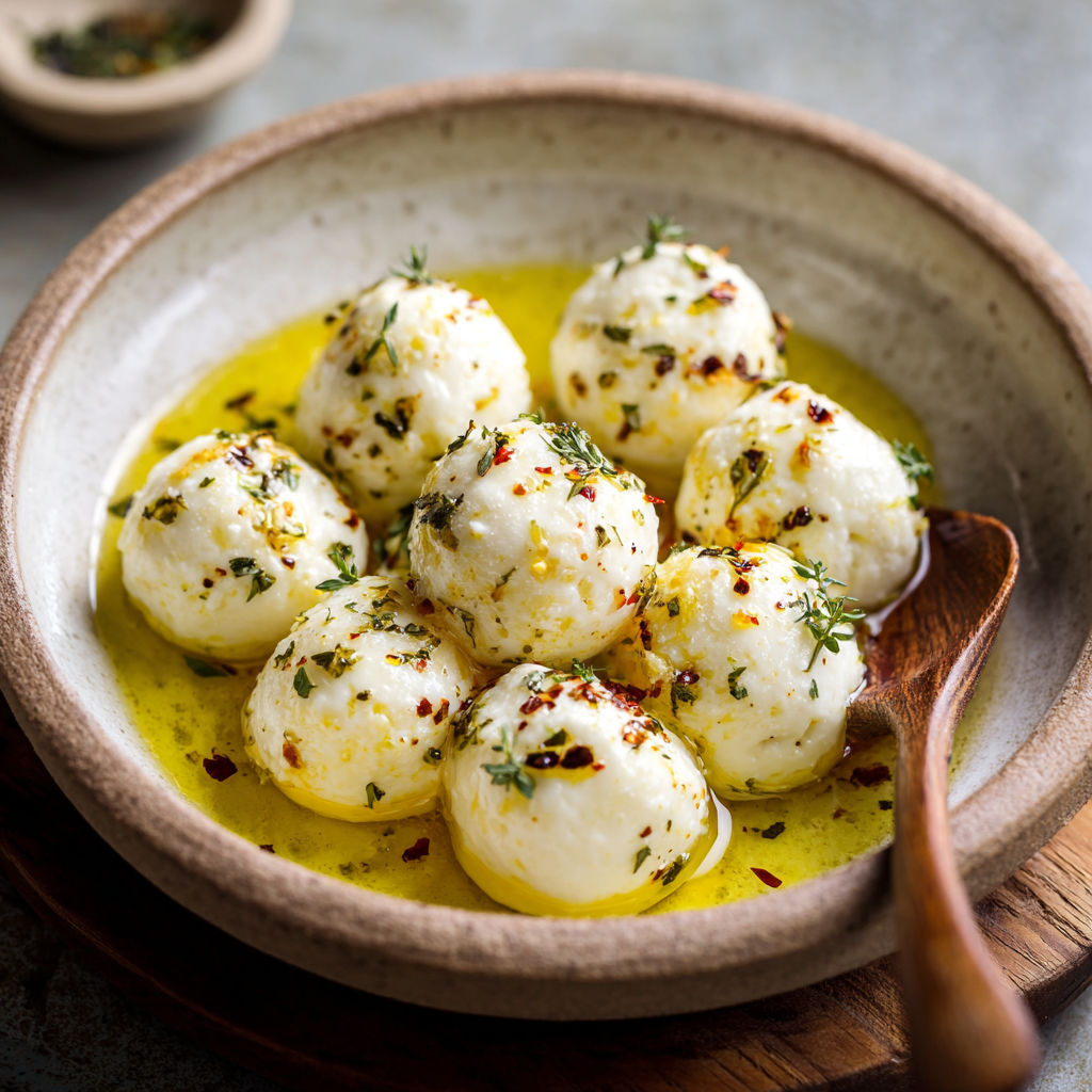 A bowl of marinated mozzarella balls.
