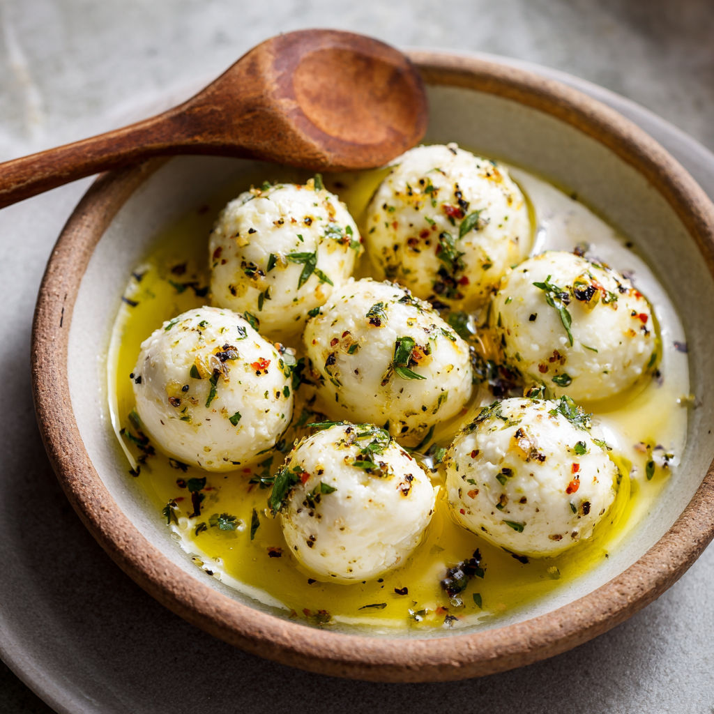 A bowl of marinated mozzarella balls.