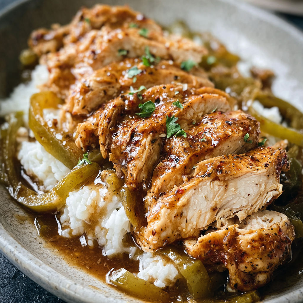 A bowl of Mississippi chicken with rice and peppers.