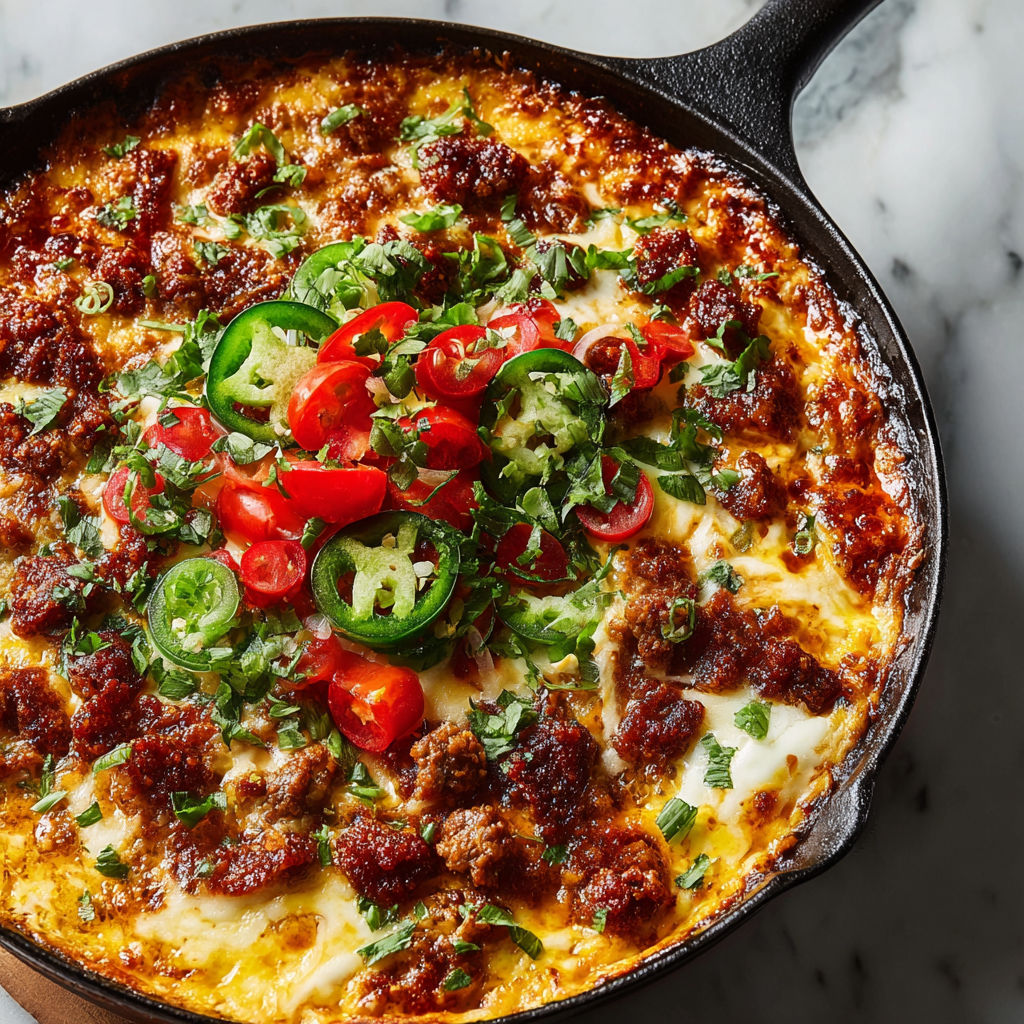 A delicious queso fundido with chorizo, green chilis, and fresh toppings.